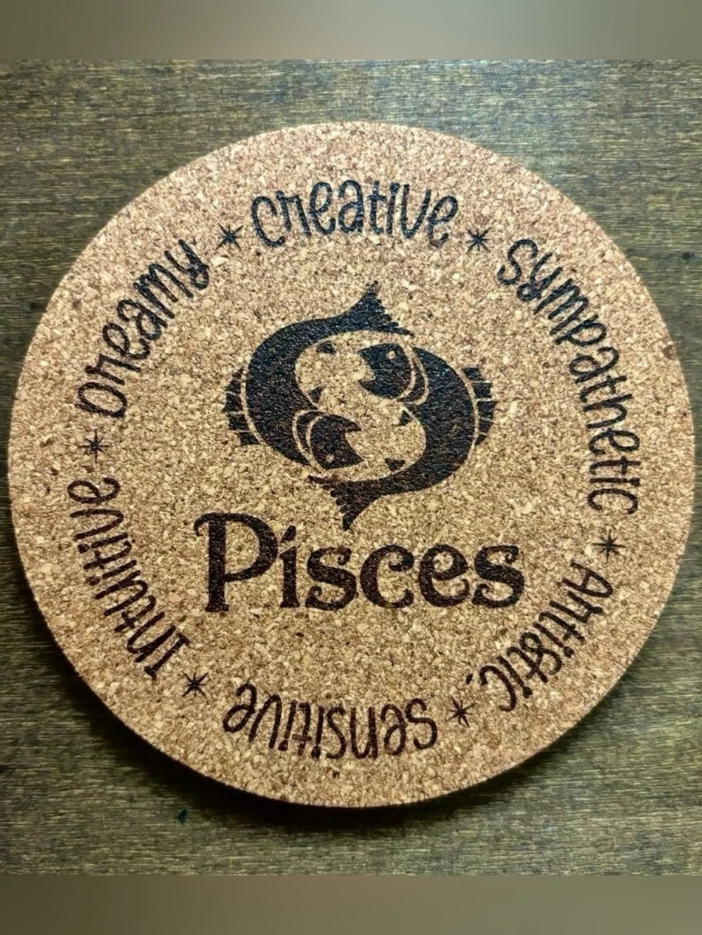 Pisces Zodiac Sign Encircled Laser Engraved Cork Coaster